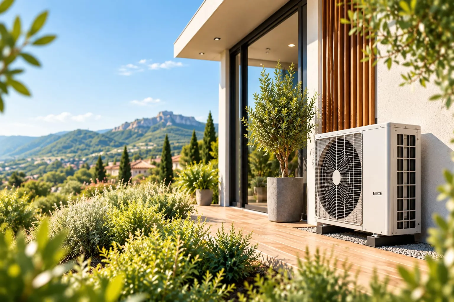 Pompe à chaleur installée sur une terrasse en bois devant une maison, avec un paysage de collines au fond